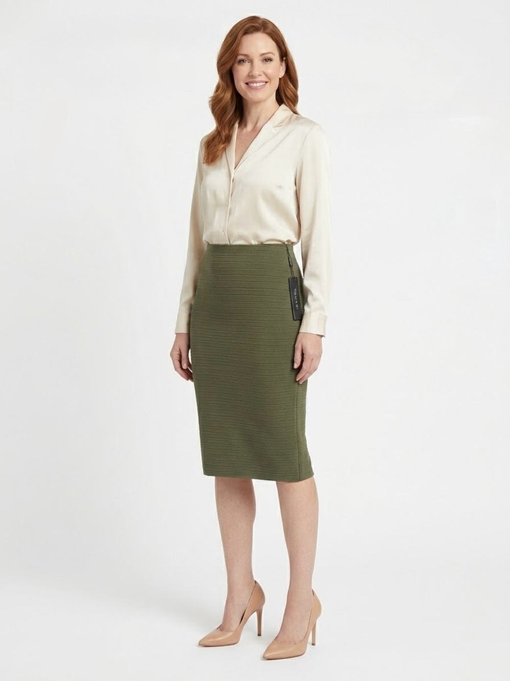 Tahari Olive Stretch Ribbed Pencil Skirt